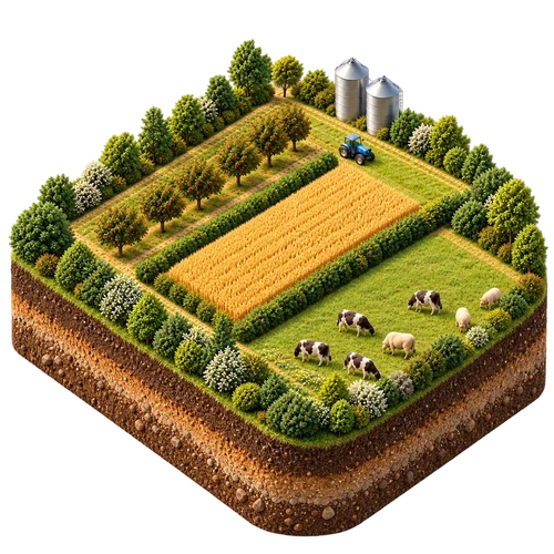 Exploitation agricole : verger, céréales, prairie avec élevage, tracteur et silos