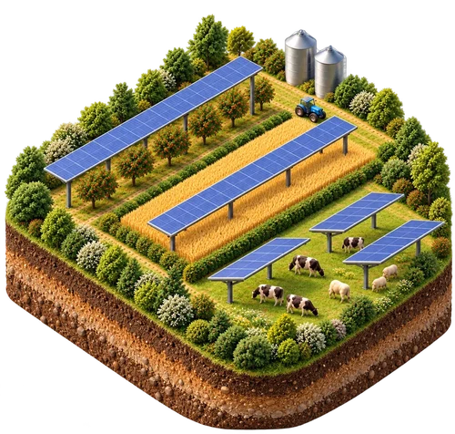 Projet agrivoltaïque : panneaux inclinés sur verger, céréales et prairie avec élevage