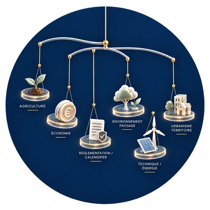 Les dimensions d’un projet — agriculture, économie, réglementation et calendrier, environnement et paysage, technique et énergie, urbanisme et territoire — suspendues en équilibre autour d’un même point.