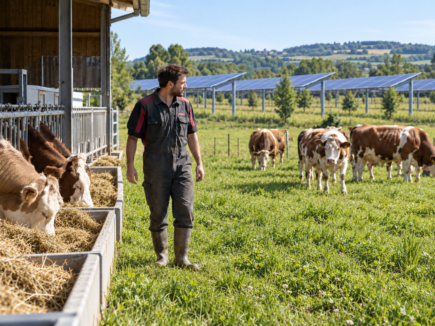 Agriculteur observant une exploitation d’élevage et de cultures, avec des structures agrivoltaïques intégrées au paysage