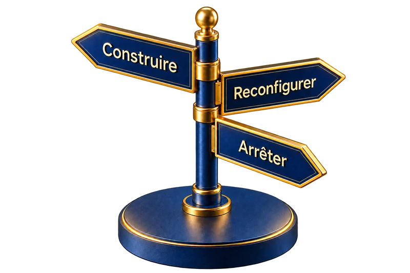 Panneau indicateur à trois directions : Construire, Reconfigurer, Arrêter